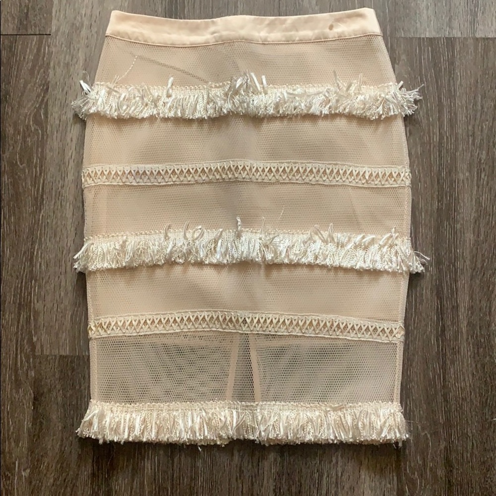 Cream mesh skirt with fringe
